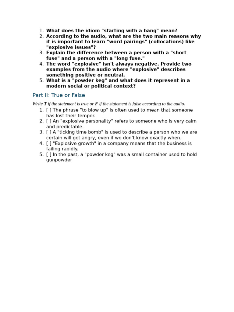 Part II: True or False: Write If The Statement Is True or If The ...