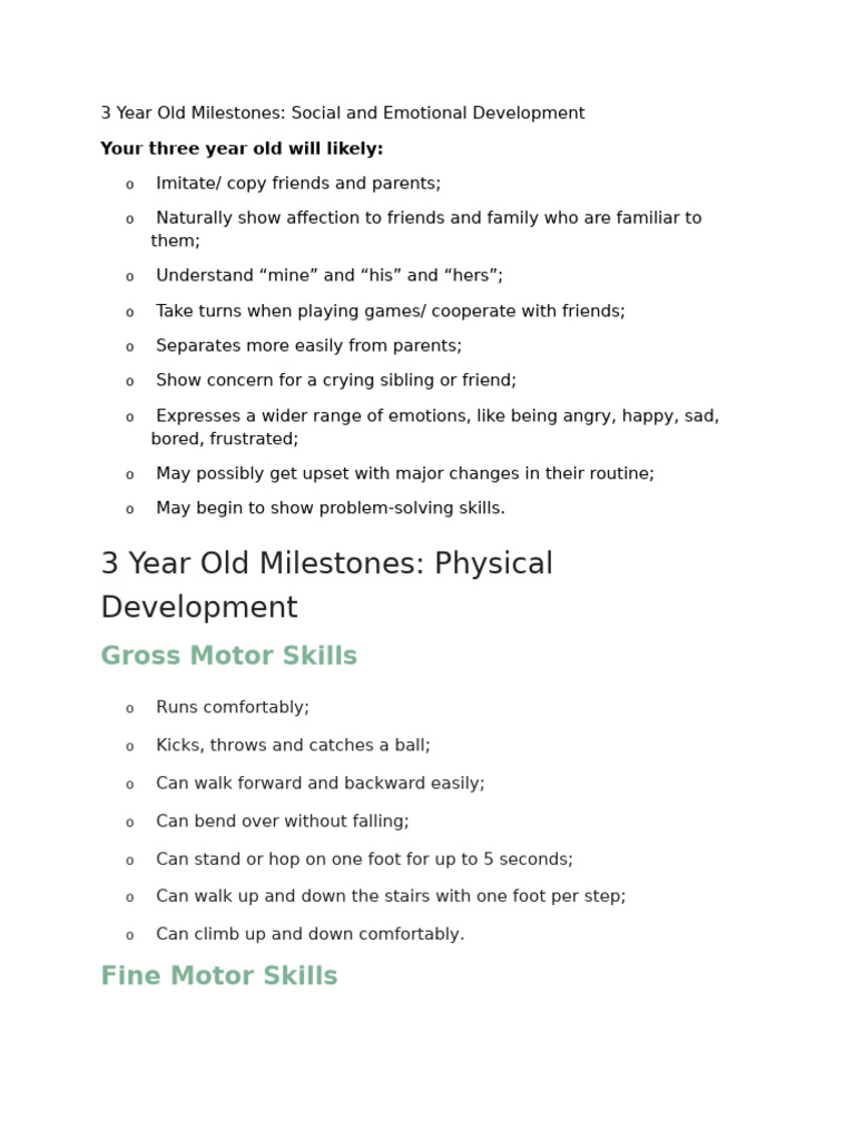 3 Year Old Milestones | PDF | Cognition | Psychology