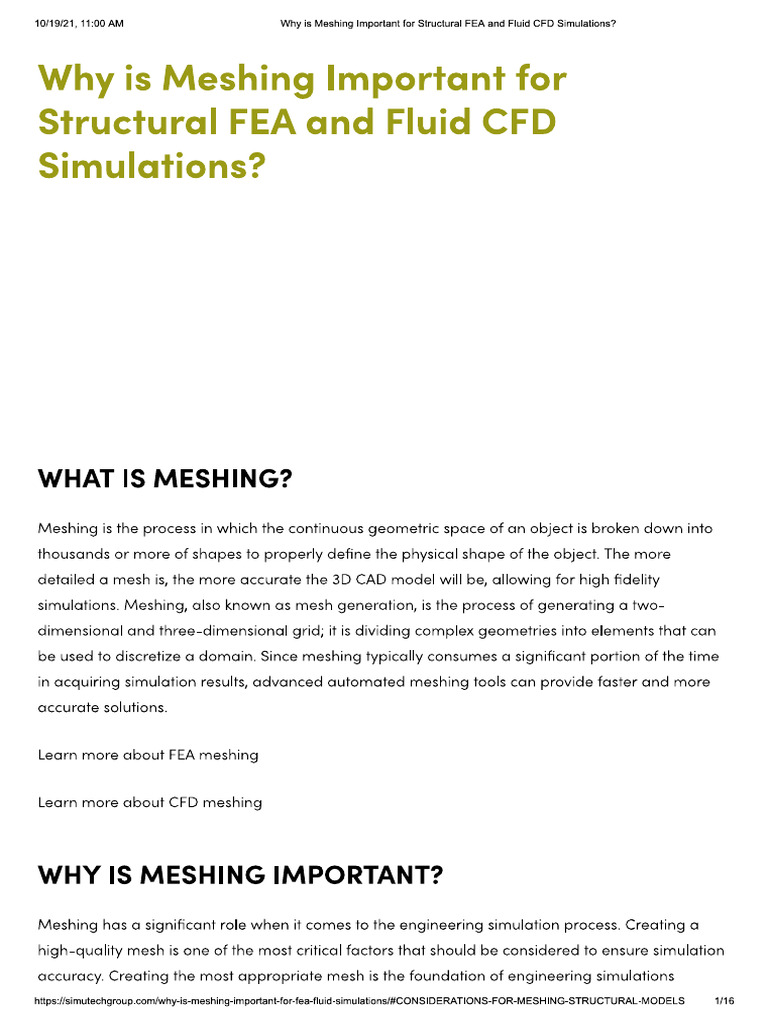 Why Is Meshing Important For Structural FEA and Fluid CFD Simulations | PDF