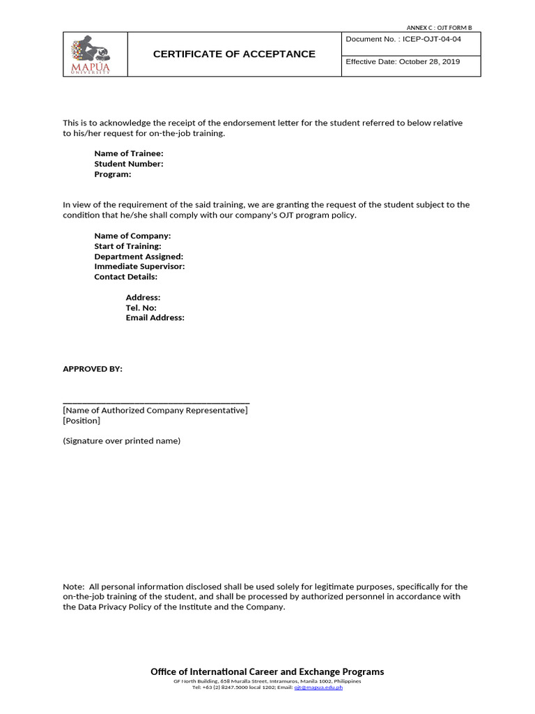 Icep-Ojt-03-03 (Acceptance Template Certificate) | PDF