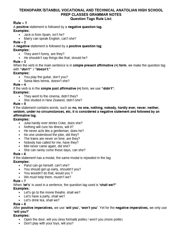 Prep Classes - Question Tags Rules | PDF | Question | Linguistic Morphology
