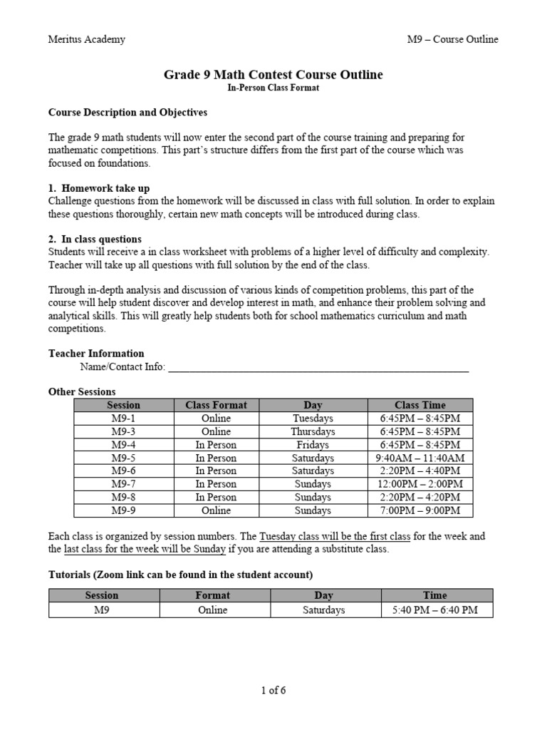 Class00 2025-2026 MathG9 Outline In-Person | PDF | Mathematics