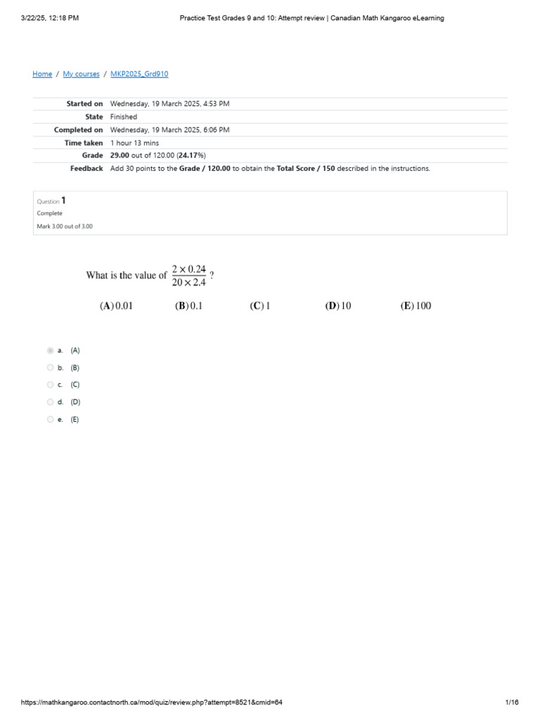 Practice Test Grades 9 and 10 - Attempt Review - Canadian Math Kangaroo ...