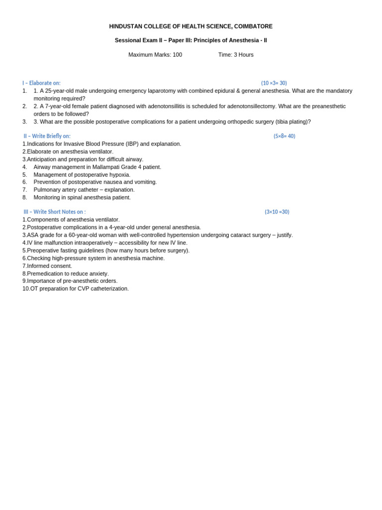 3rd Yr Otat Sessional Examination | PDF