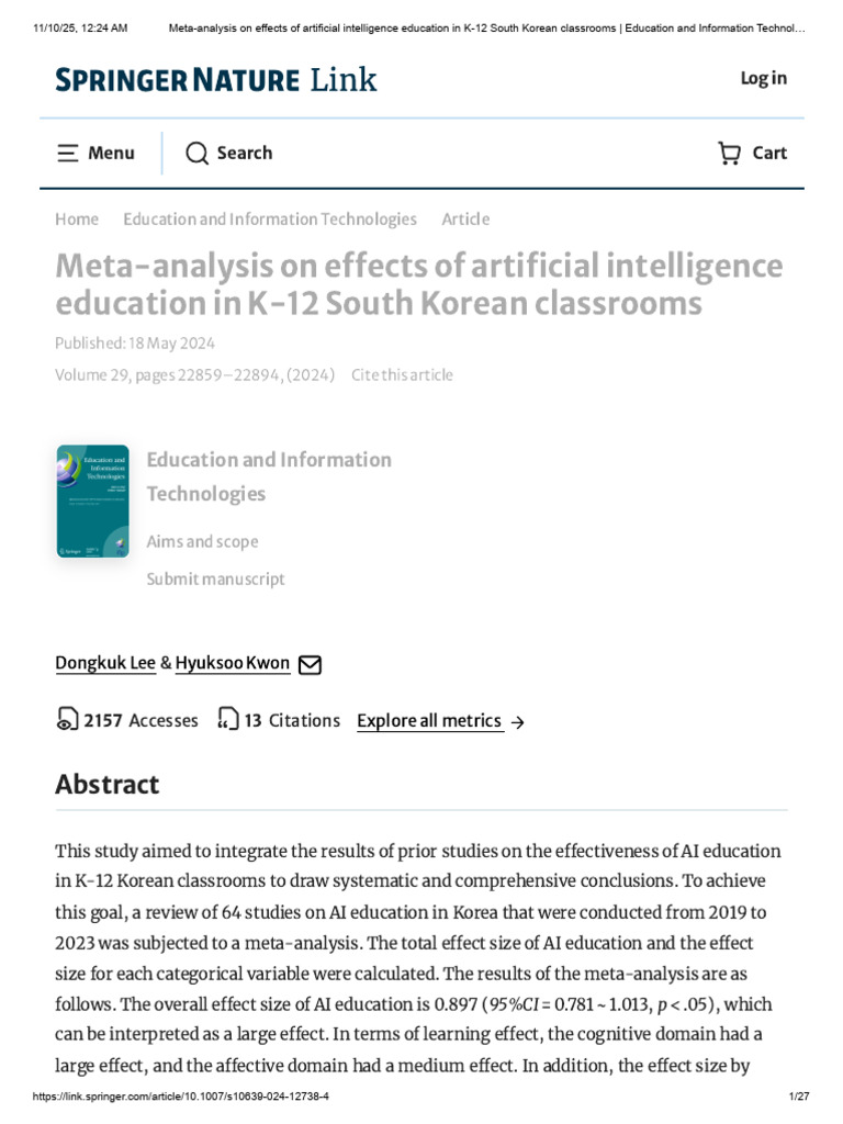 Meta-Analysis On Effects of Artificial Intelligence Education in K-12 ...
