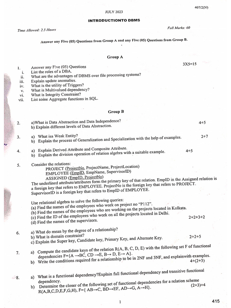DBMS Question Paper 2023 | PDF
