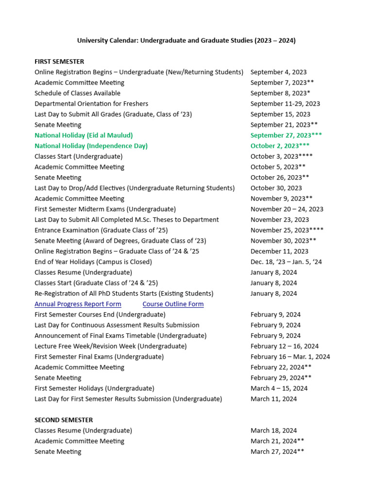 University Calendar - Undergraduate & Graduate Studies (2023 - 2024 ...