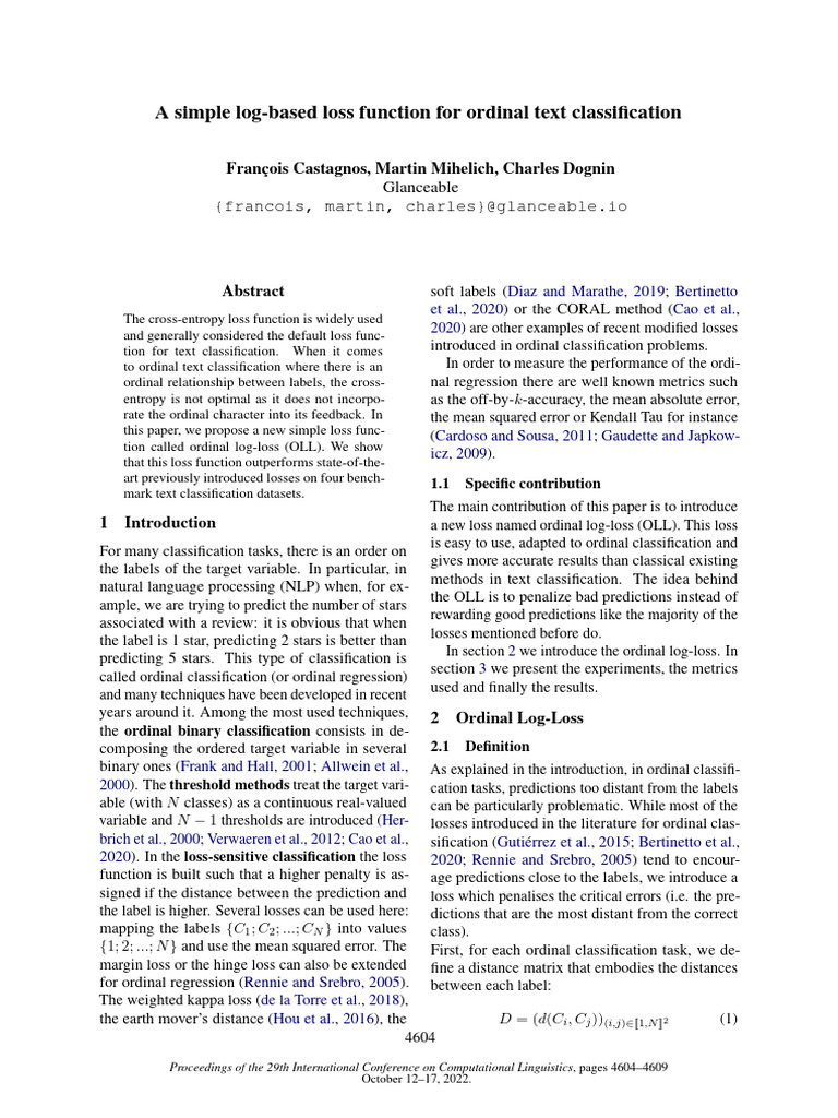 A Simple Log-Based Loss Function For Ordinal Text Classification | PDF