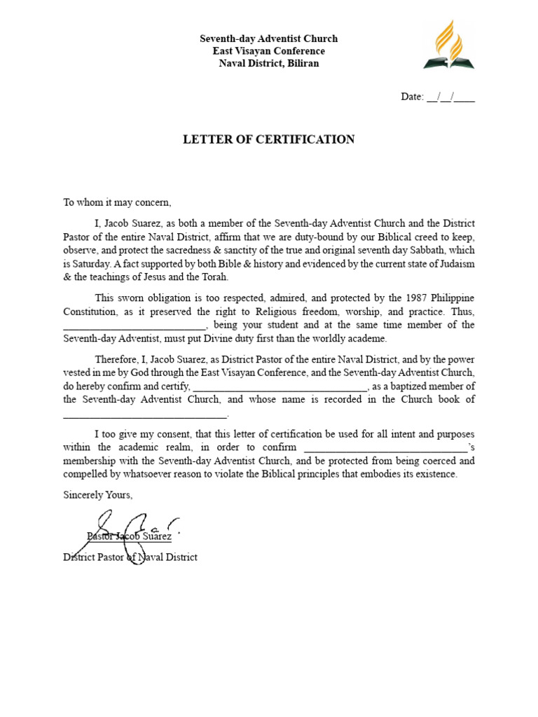 Letter of Certification SDA Students | PDF