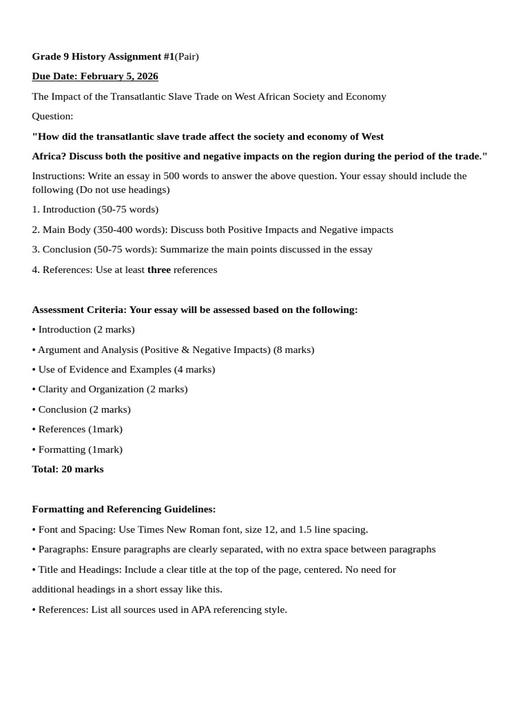 Grade 9 History Assignment #1 Term 2 Effects Atlantic Slave Trade | PDF