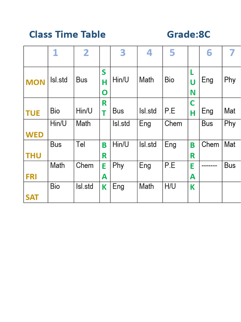 Class Time Table 8C-1 | PDF