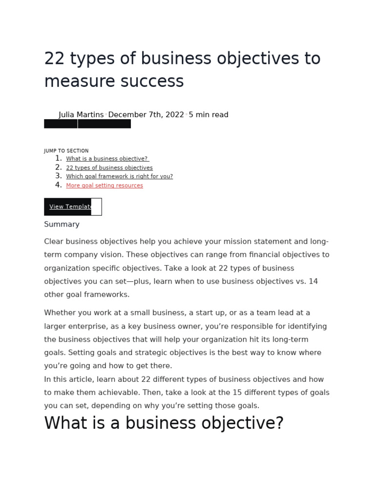 22 Types of Business Objectives To Measure Success | PDF | Goal ...