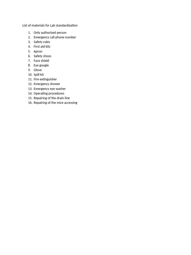 List of Materials For Lab Standardization | PDF