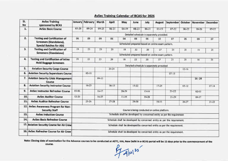 BCAS Annual Training Calendar For 2026 | PDF