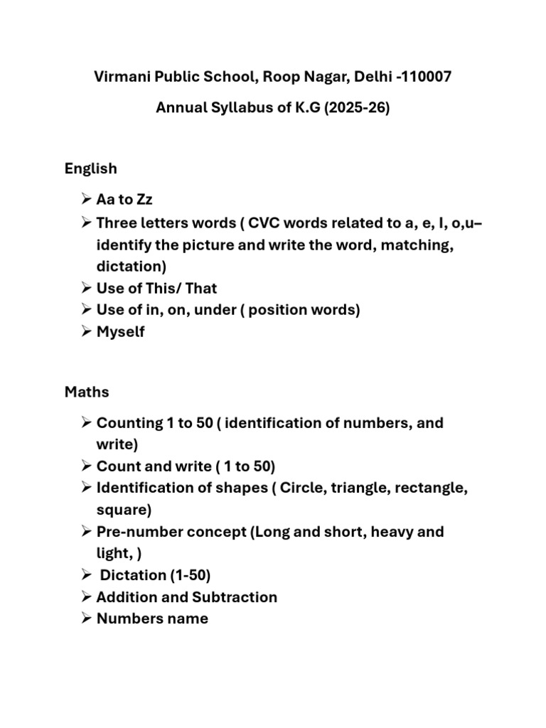 K.G Annual Syllabus 2025-26 | PDF