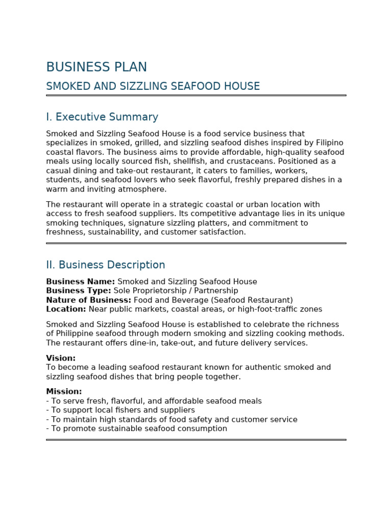 Business Plan - Smoked and Sizzling Seafood House | PDF | Restaurants ...
