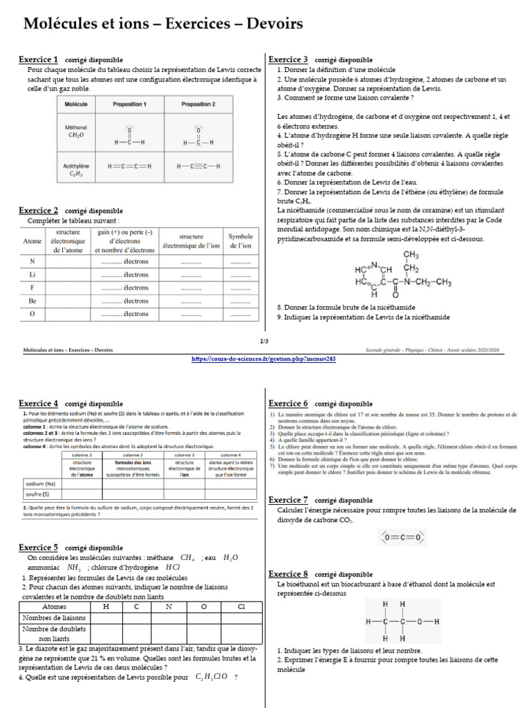 Fiche D'exercices - Molécules Et Ions | PDF | Liaison chimique | Atomes