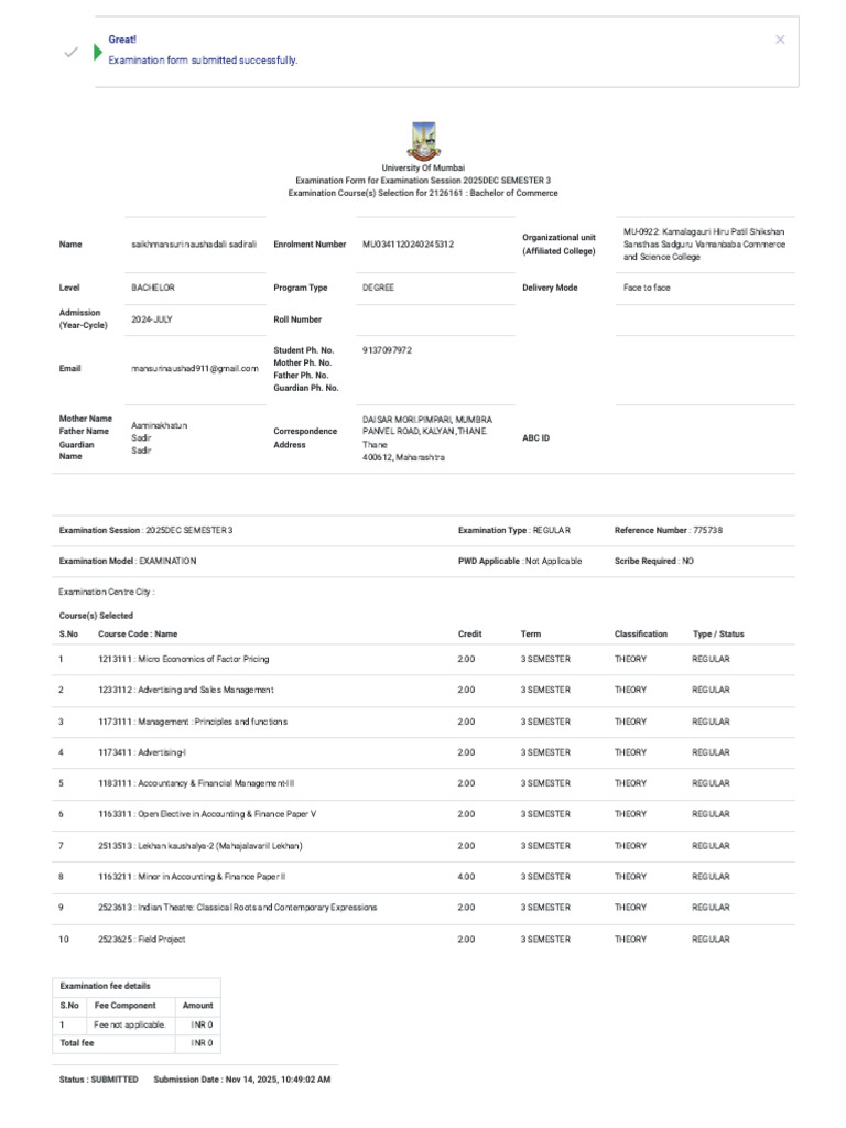 Naushad Ali Examination Form 3rd Semester | PDF | Economies | Business