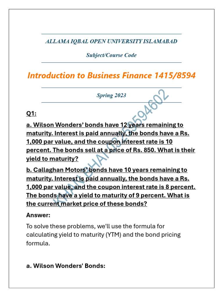 1415-8594 Solved Spring 2023 | PDF | Bonds (Finance) | Preferred Stock