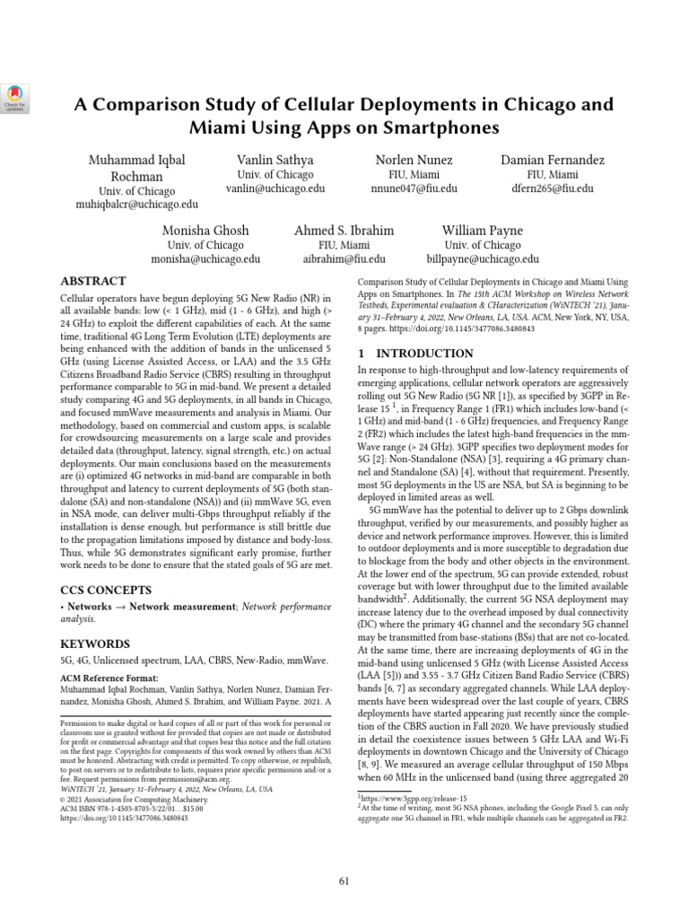 A Comparison Study of Cellular Deployments in Chicago and Miami Using ...