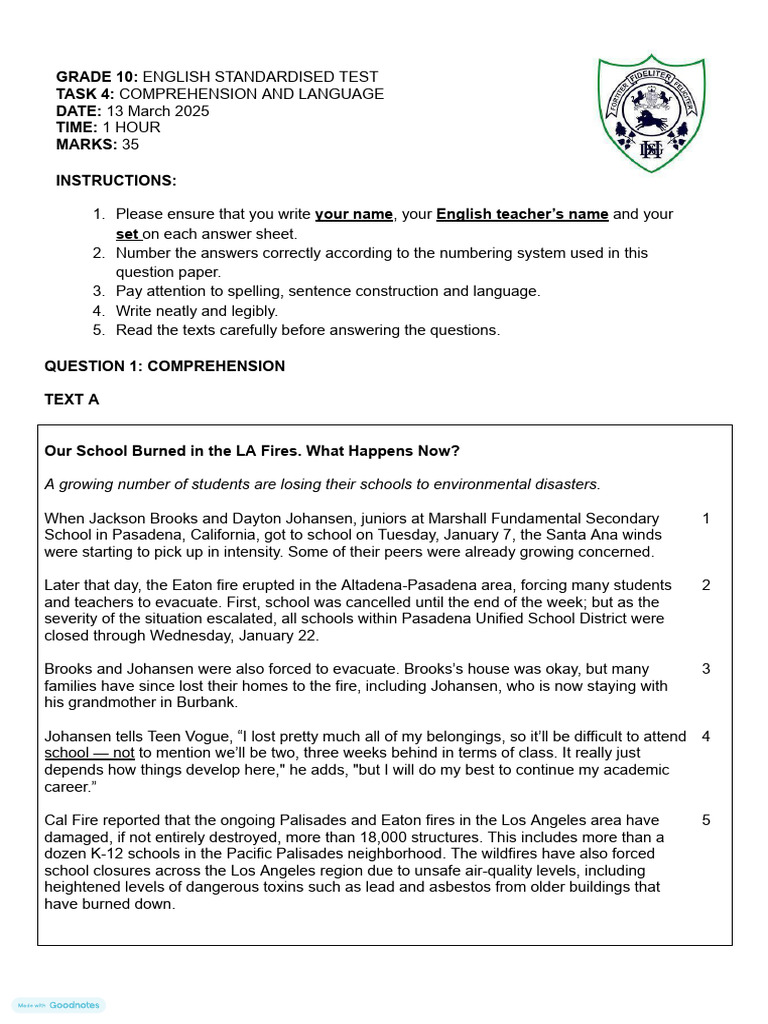 Grade 10 Term 1 Comprehension 2025 | PDF