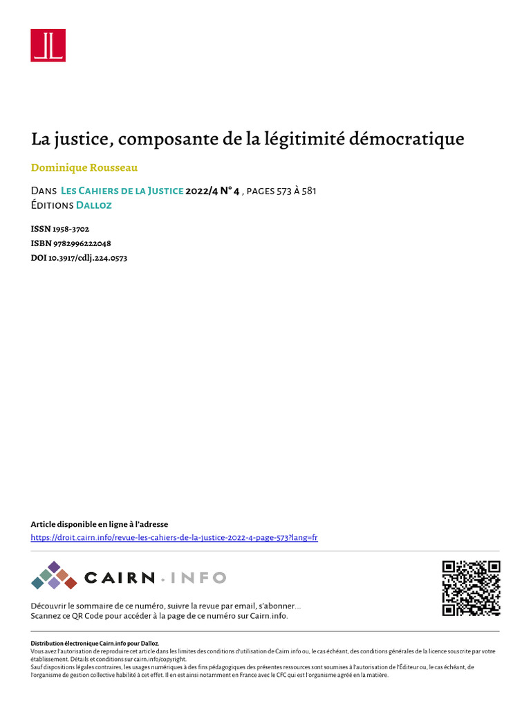 Rousseau 2022 La Justice Composante de La Legitimite Democratique | PDF ...