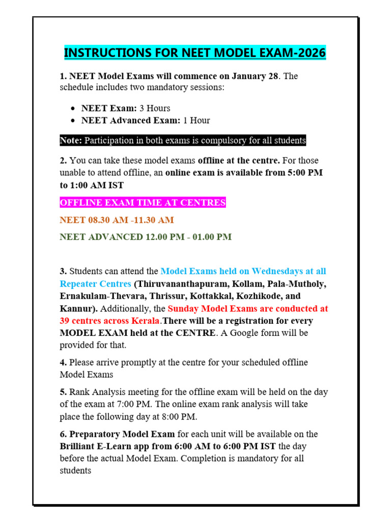 Neet Model Exam Instructions | PDF