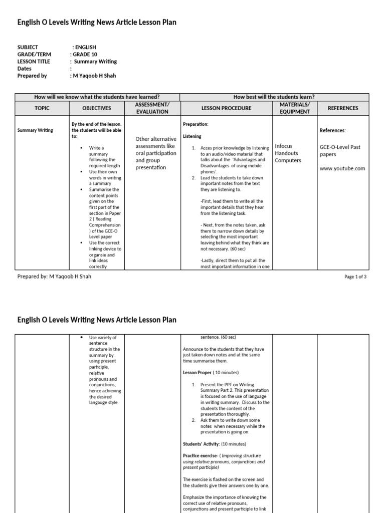 English O Levels Summary Writing Lesson Plan | PDF | Lesson Plan ...