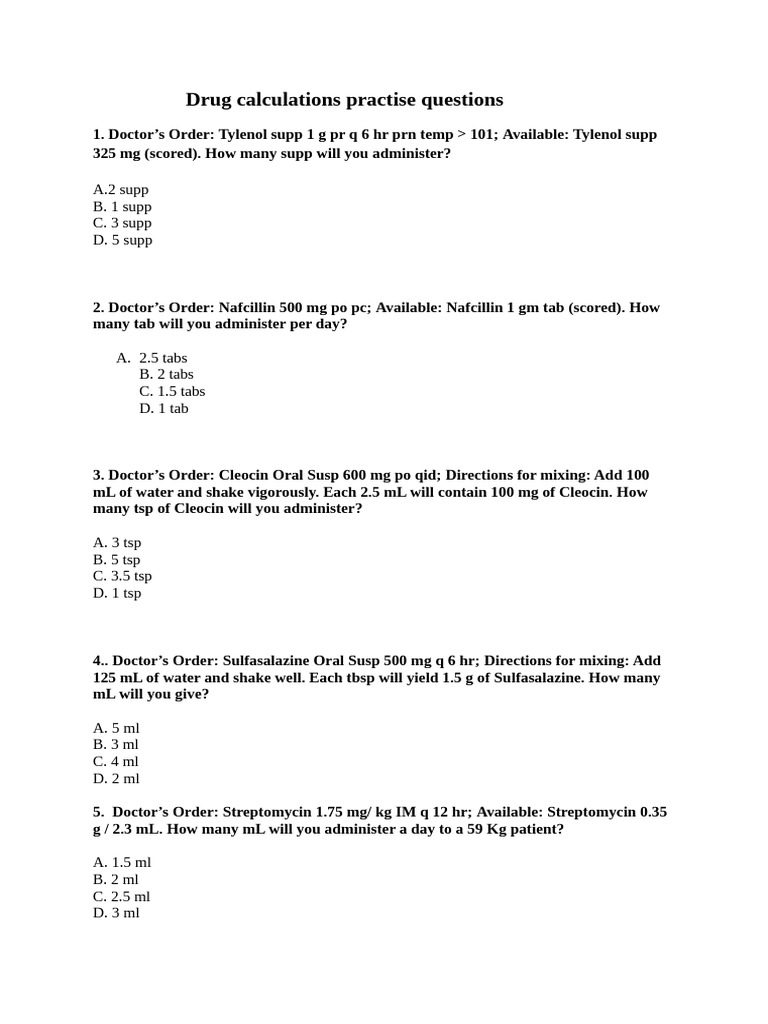 Drug Calculations Practise Questions | PDF