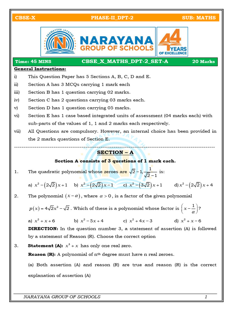 01 - Cbse - X - Phase-Ii - DPT-2 - Set-A - Mathematics - Pan India - 10 ...