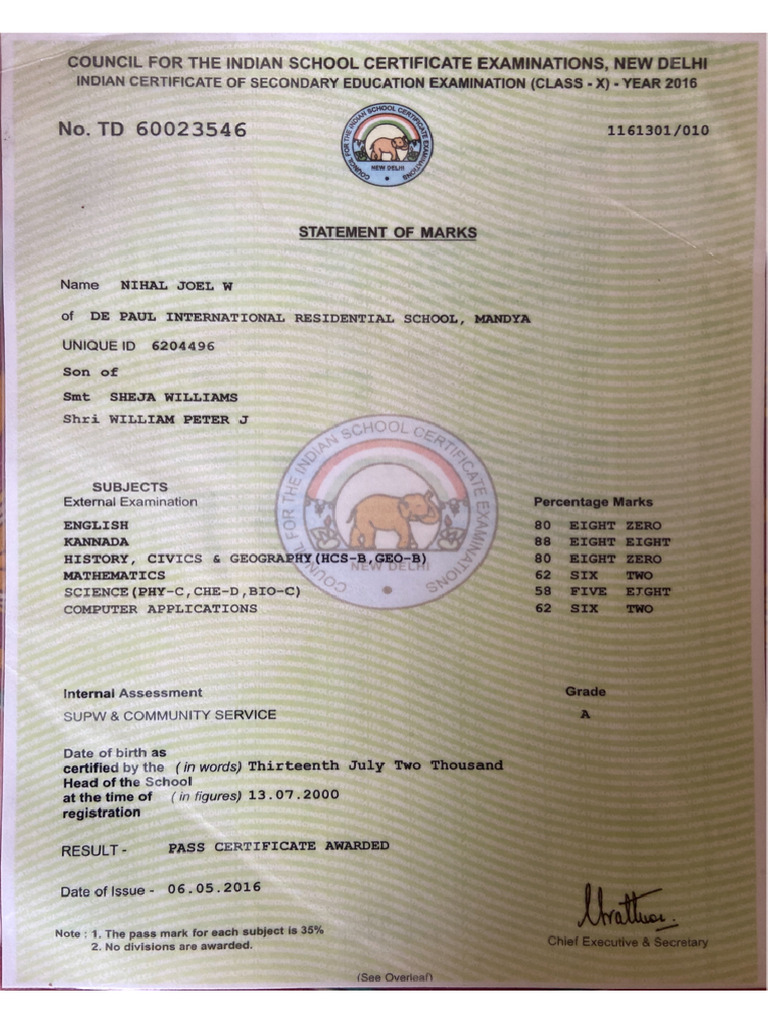 10th Marks Card | PDF