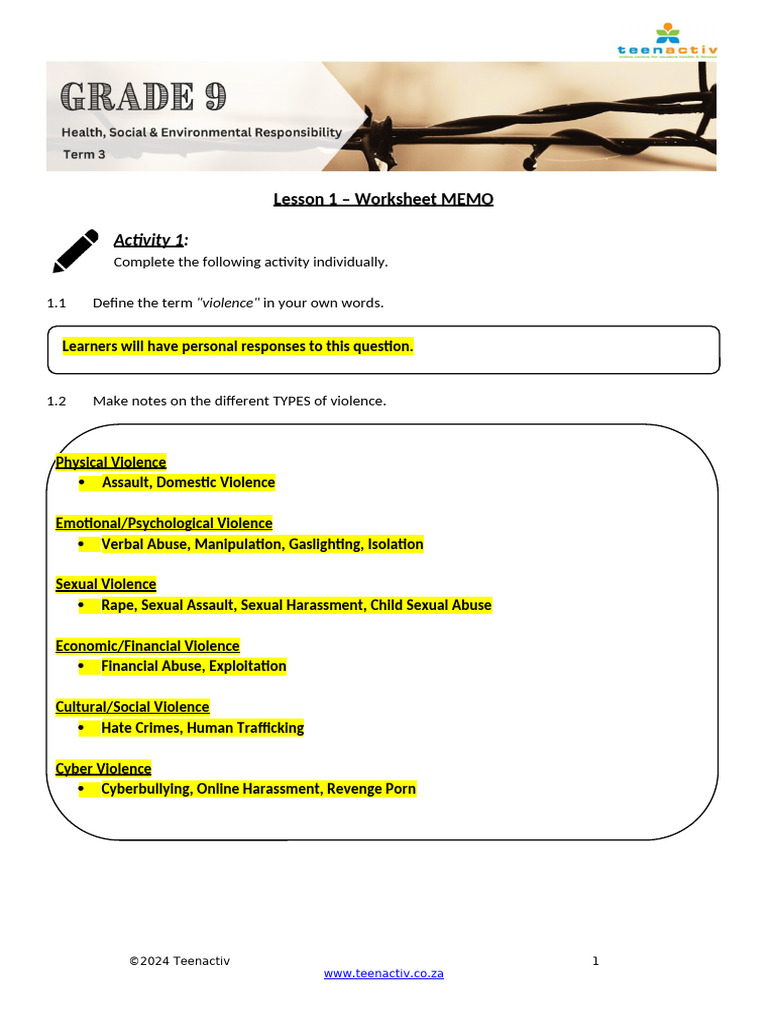 Violence - Worksheet MEMO | PDF | Violence | Cyberbullying