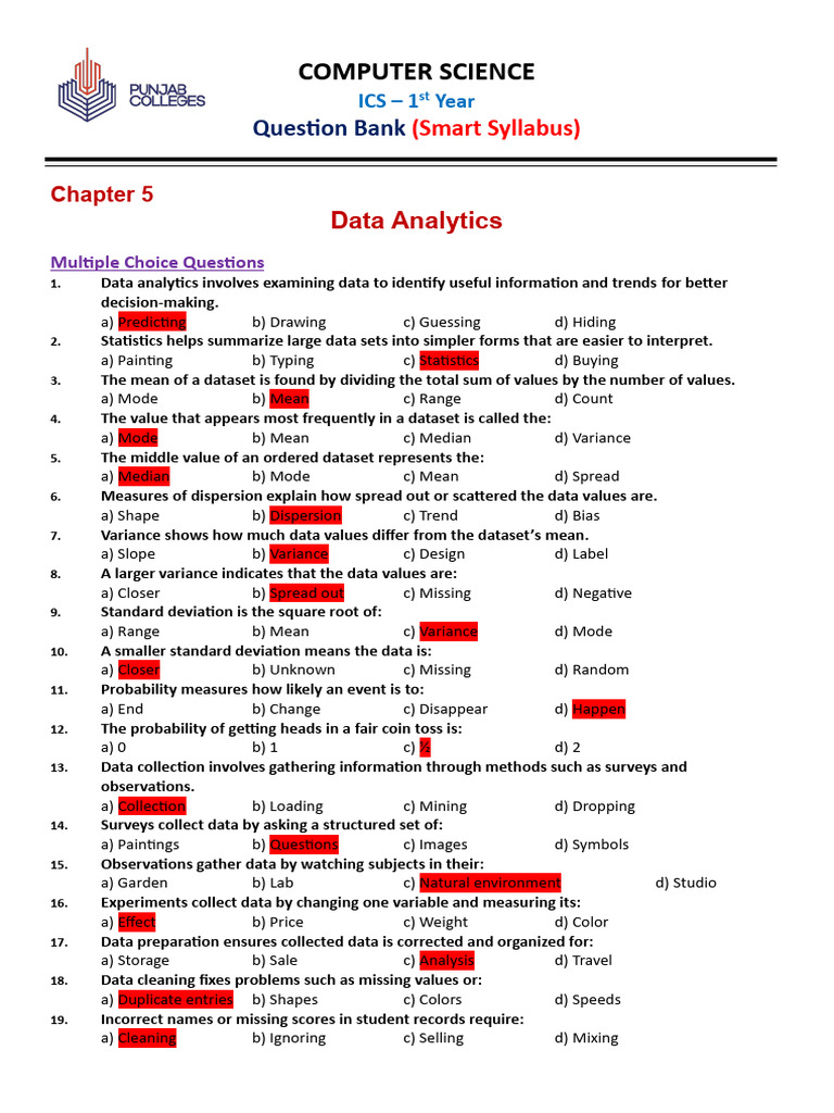 1st Year Computer Science Chap 5 Data Analytics QB | PDF | Mean | Mode ...
