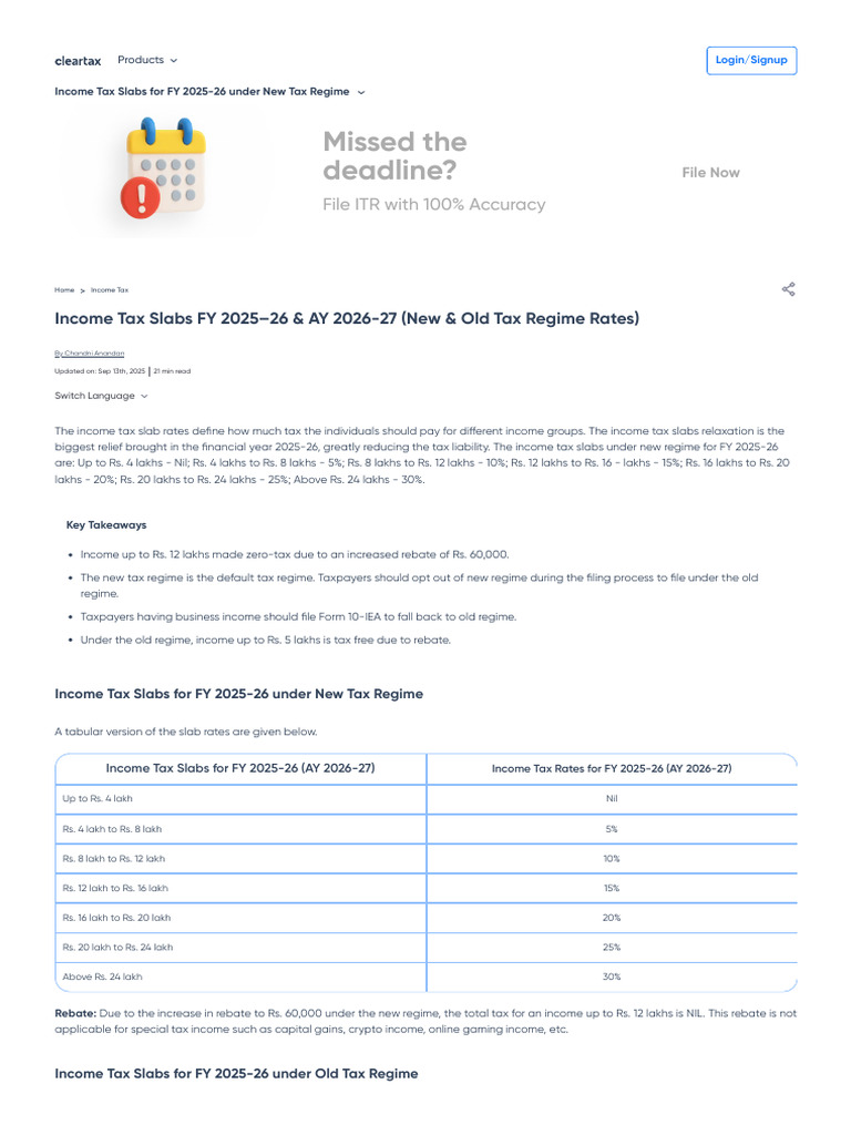 Income Tax Slabs FY 2025-26 and AY 2026-27 (New & Old Tax Regime Rates ...