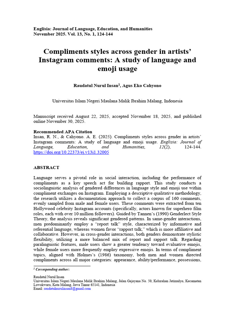 Compliments Styles Across Gender in Artists Insta | PDF | Gender ...