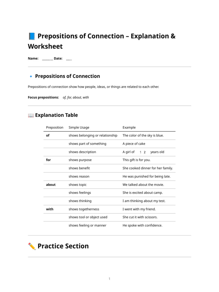 Prepositions of Connection - Explanation & Worksheet | PDF | Chess Theory