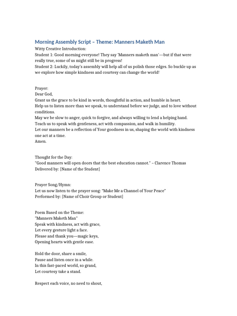 Final Morning Assembly Manners Maketh Man | PDF