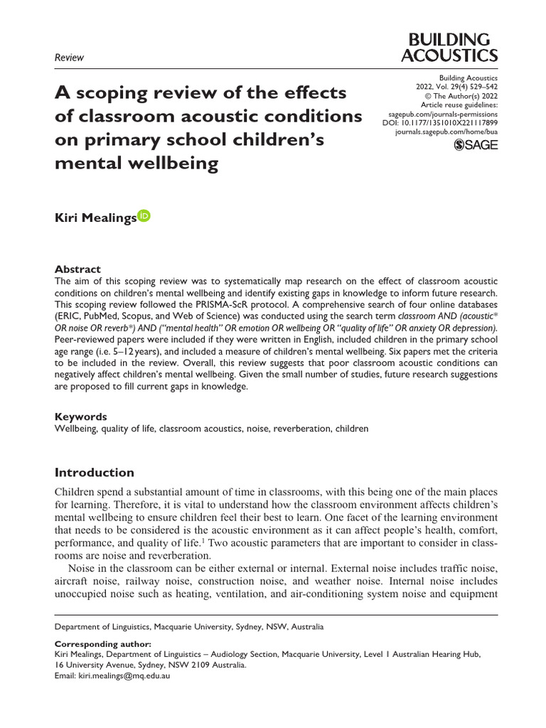 A Scoping Review of The Effects of Classroom Acousticconditions On ...