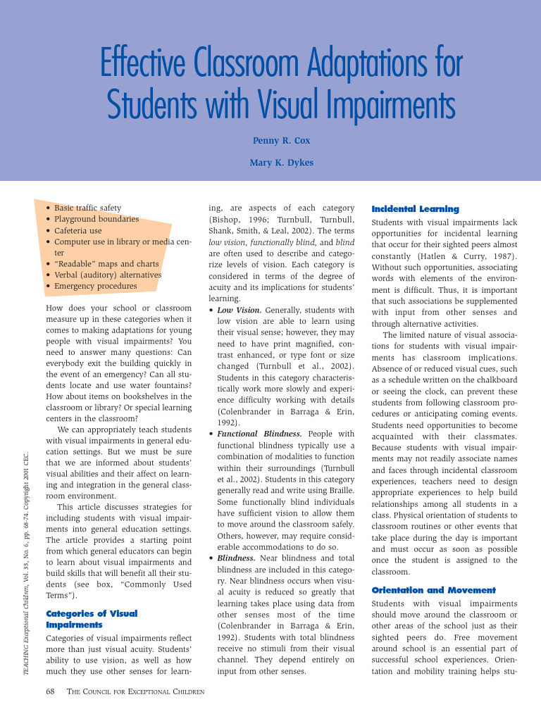 Effective Classroom Adaptations CEC 2001 | PDF | Visual Impairment ...