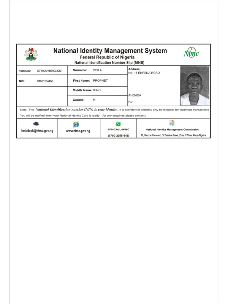 National Id Card Osila Prophet Nin - JPG | PDF
