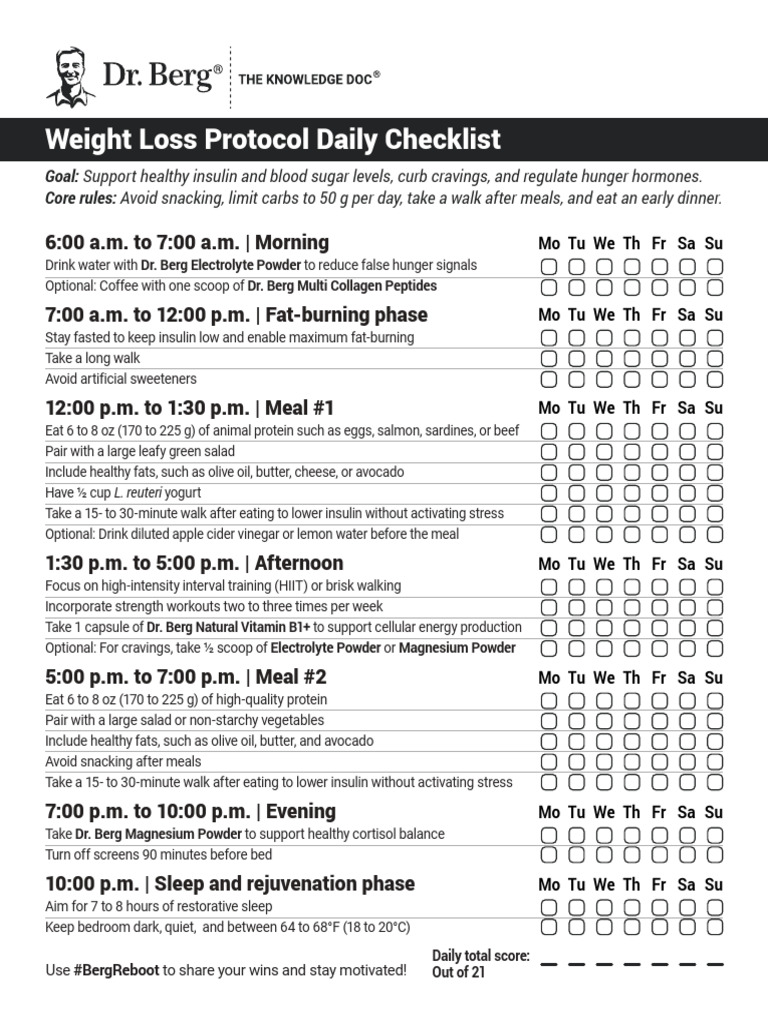 Weight Loss Protocol Daily Checklist | PDF | Fat | Insulin