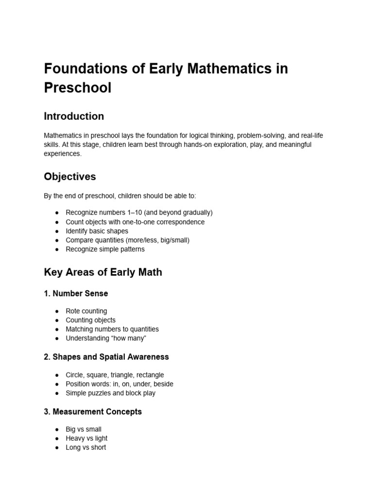 Foundations of Early Mathematics in Preschool | PDF