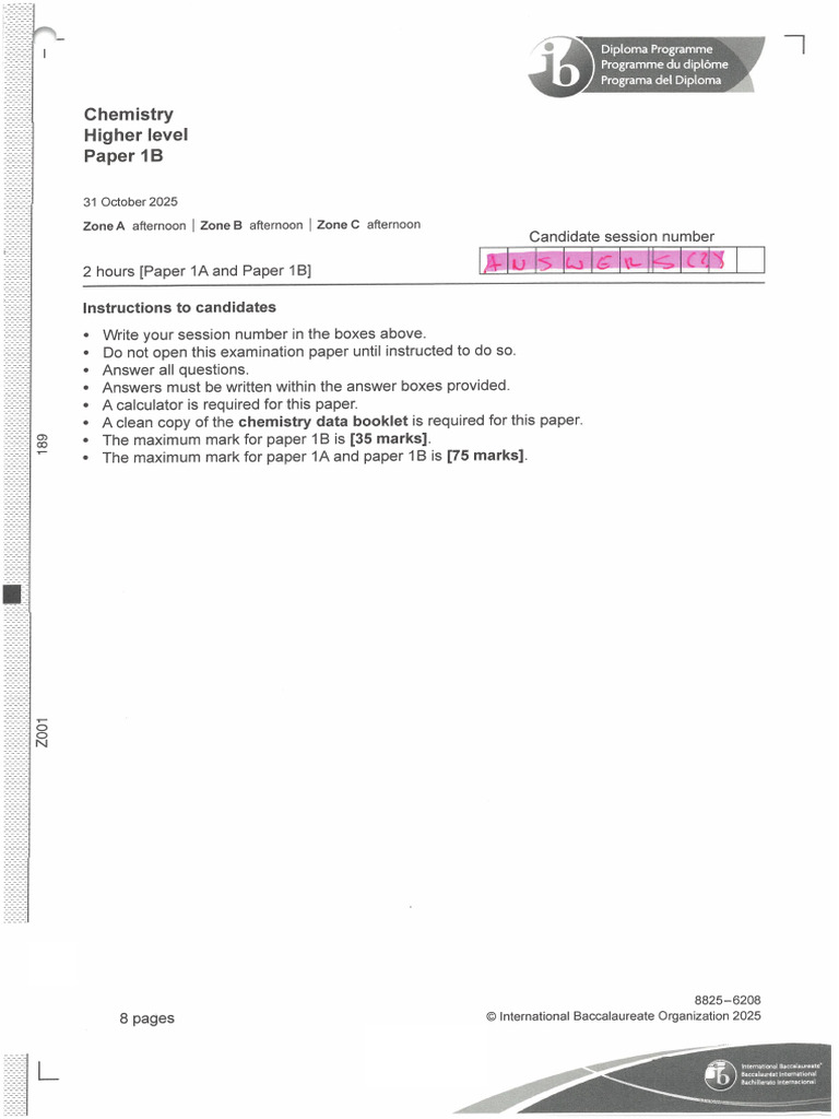 Chemistry Paper 1B HL TZA | PDF