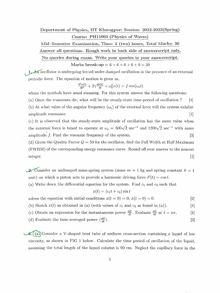 2023 Mid Spring Physics PH11003 Physics of Waves MS 2023 | PDF