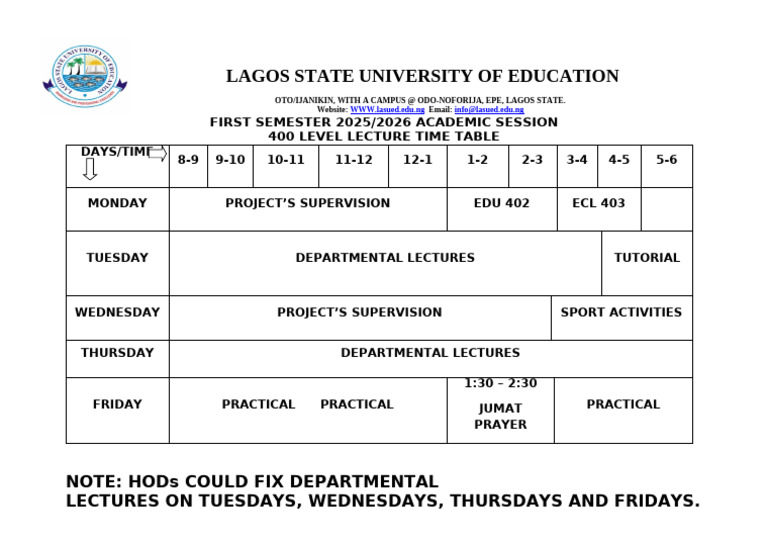 400 Level First Semester Lecture Time Table 2025 2026 | PDF