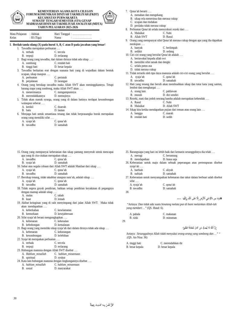 PTS Genap Akhlaq 3 26 | PDF