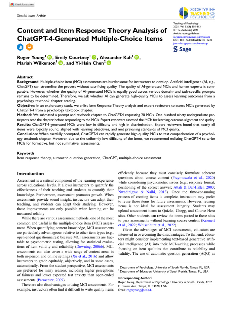 Young Et Al 2025 Content and Item Response Theory Analysis of Chatgpt 4 ...