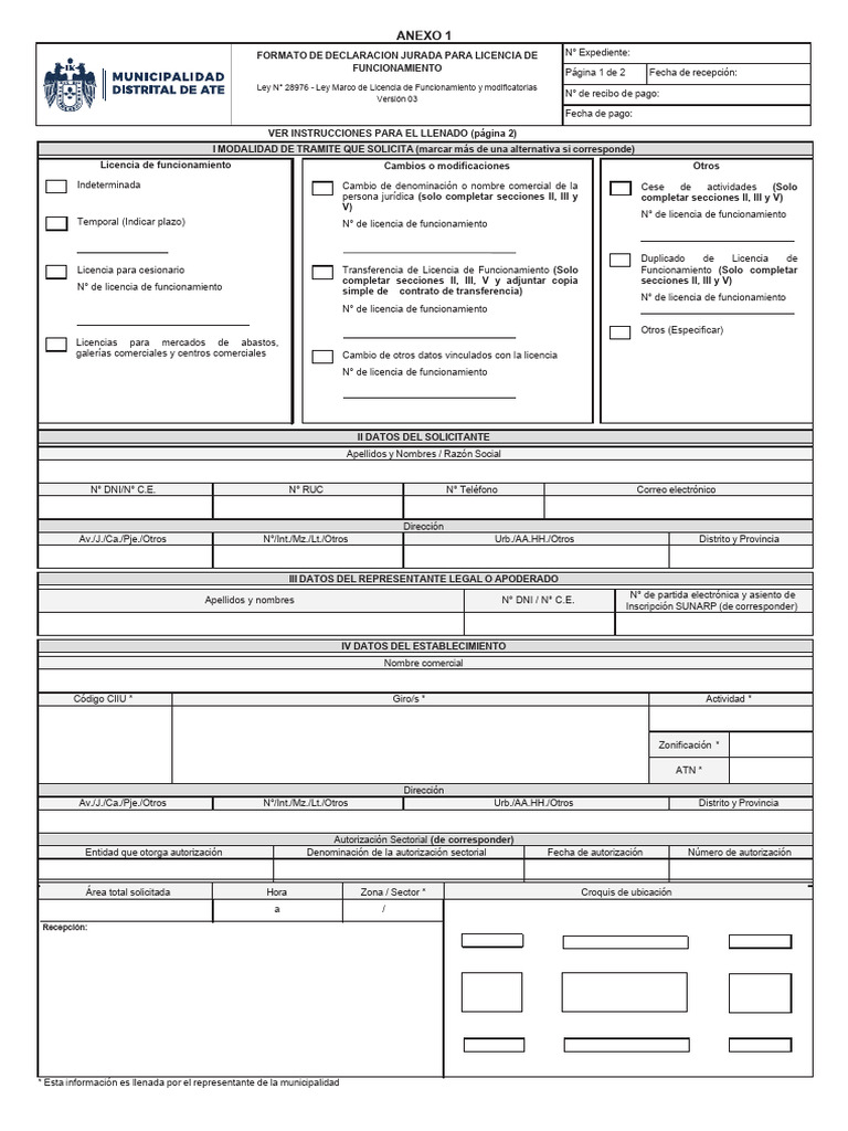 Formato Declar Jurada Licencia Funcionamiento1 | PDF | Documento de ...