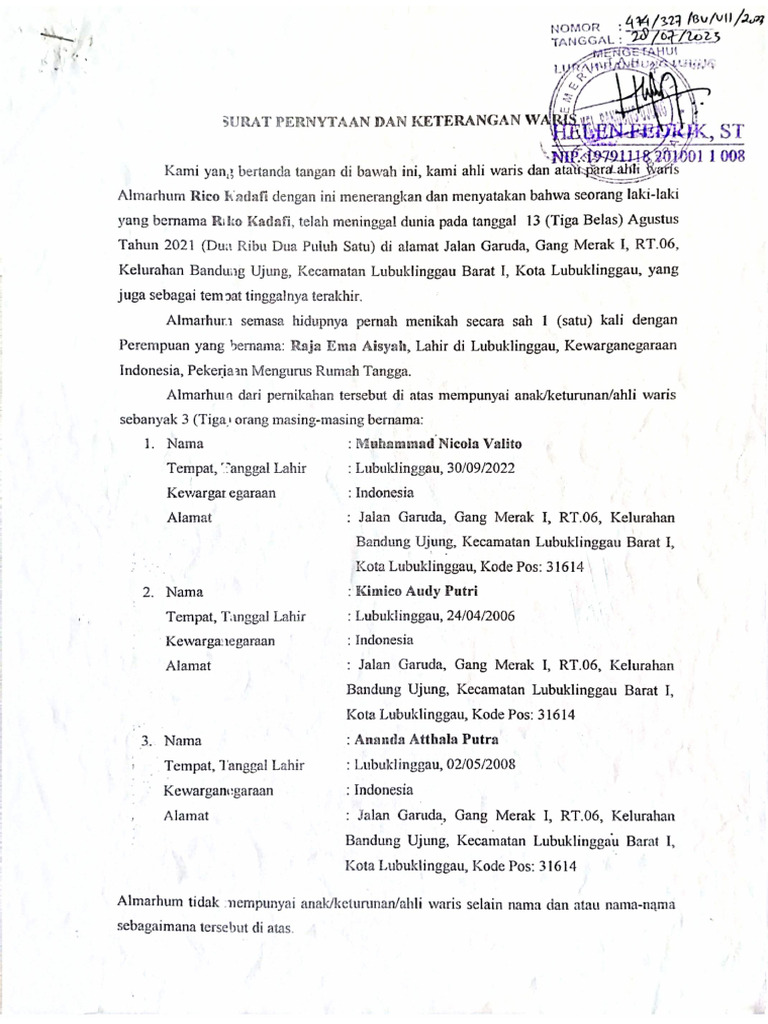 Surat Keterangan Waris Raja Ema CS | PDF