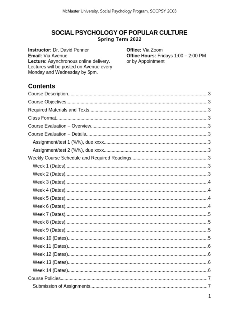 SOC PSY 2C03 Spring 2022 Course Outline | PDF | Academic Dishonesty ...